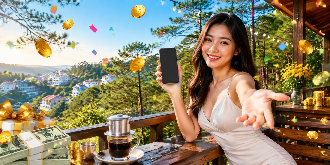Người dùng tại Đà Lạt thưởng thức cà phê và khám phá trò chơi bonus trên điện thoại