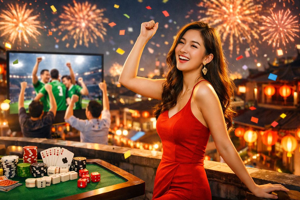 Bàn chơi bài truyền thống Hà Nội với đèn lồng đỏ và không khí lễ hội