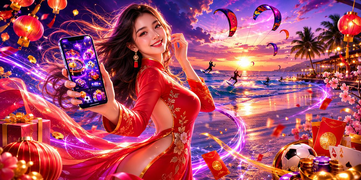 Phong bao đỏ may mắn và áo dài Việt Nam tại bãi biển Mũi Né dịp Tết